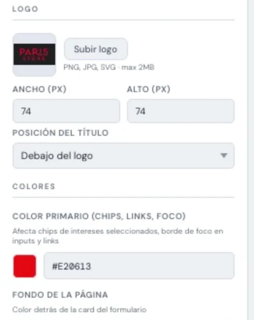 Editor del portal: carga del logo, medidas y color primario del local